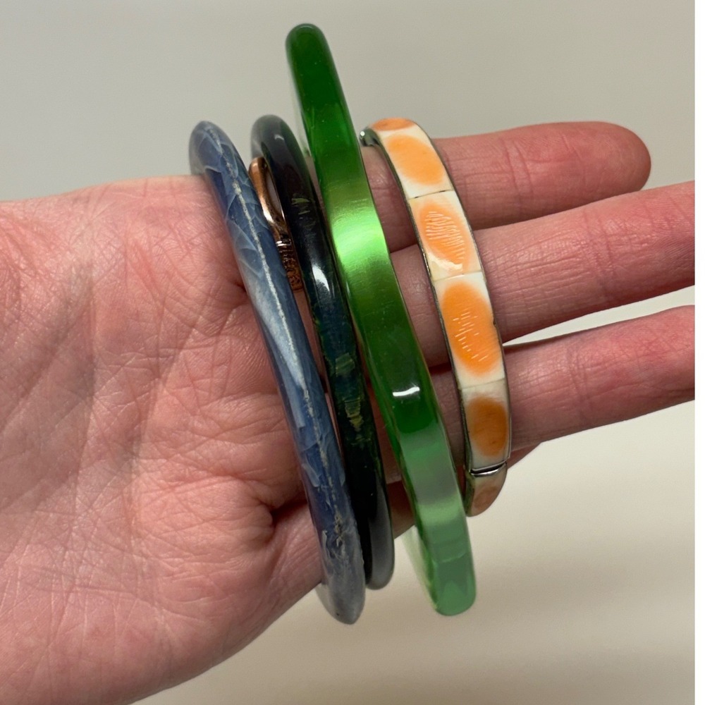 Vintage Bangle Bracelet Set 4pc Green Square Blue Marble Orange Inlay